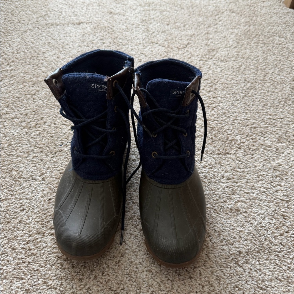 Sperry Navy Fabric & Olive Rubber Kids Duck Boots